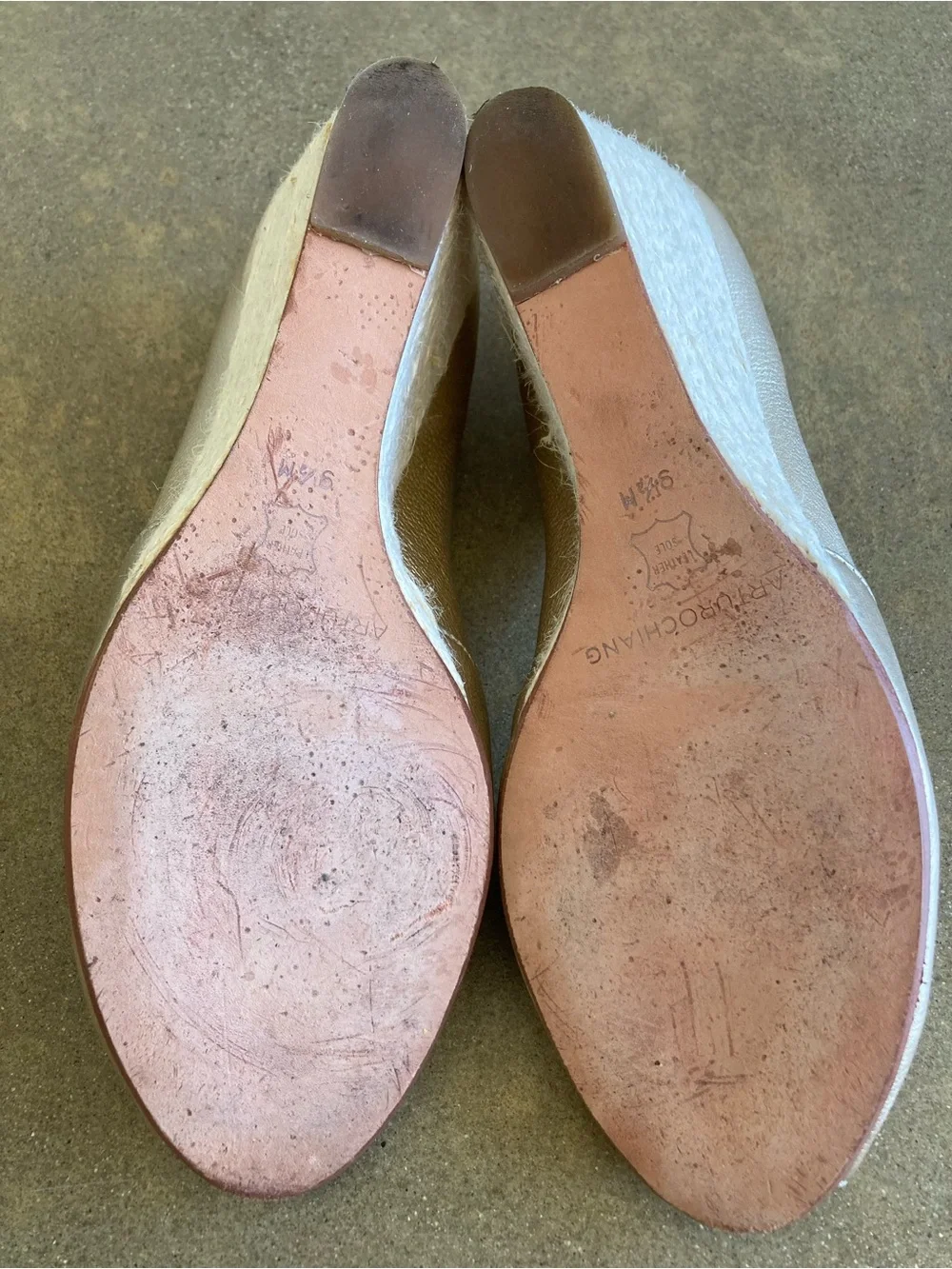 Gold Leather Wedge Heel Espadrille Peep Toe Shoes Size 9.5